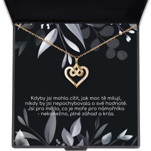náhrdelník s venovaním, darček pre manželku, plný tajomstiev, pozlátené srdce z nekonečna