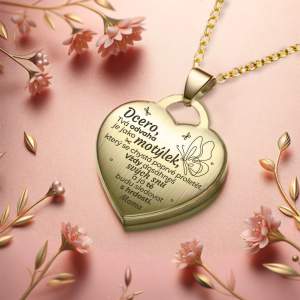 rytý náhrdelník, dárek pro dceru od maminky, srdce, ocel, pozlacený motýl