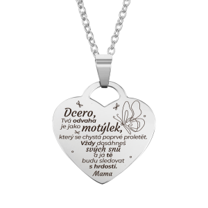 rytý náhrdelník, dárek pro dceru od maminky, srdce, ocel, pozlacený stříbrný motýl