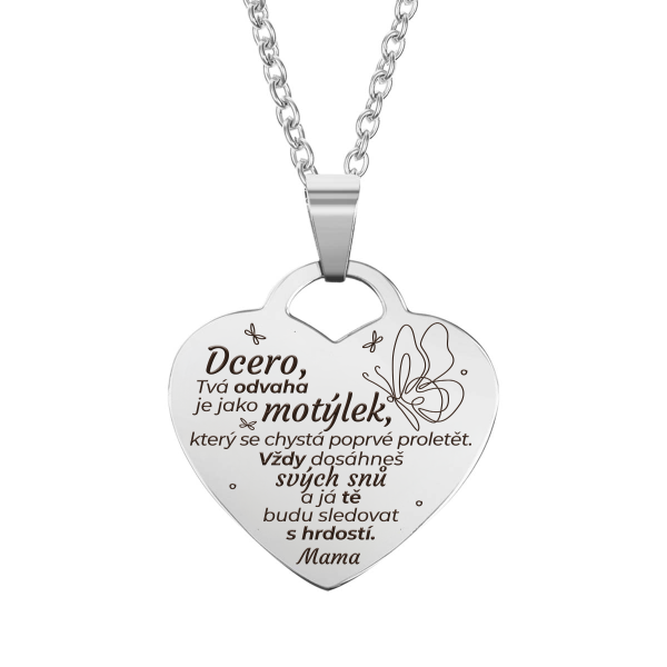 rytý náhrdelník, dárek pro dceru od maminky, srdce, ocel, pozlacený stříbrný motýl