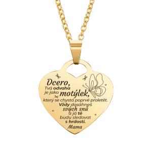 rytý náhrdelník, dárek pro dceru od maminky, srdce, ocel, pozlacený stříbrný motýl bejessa